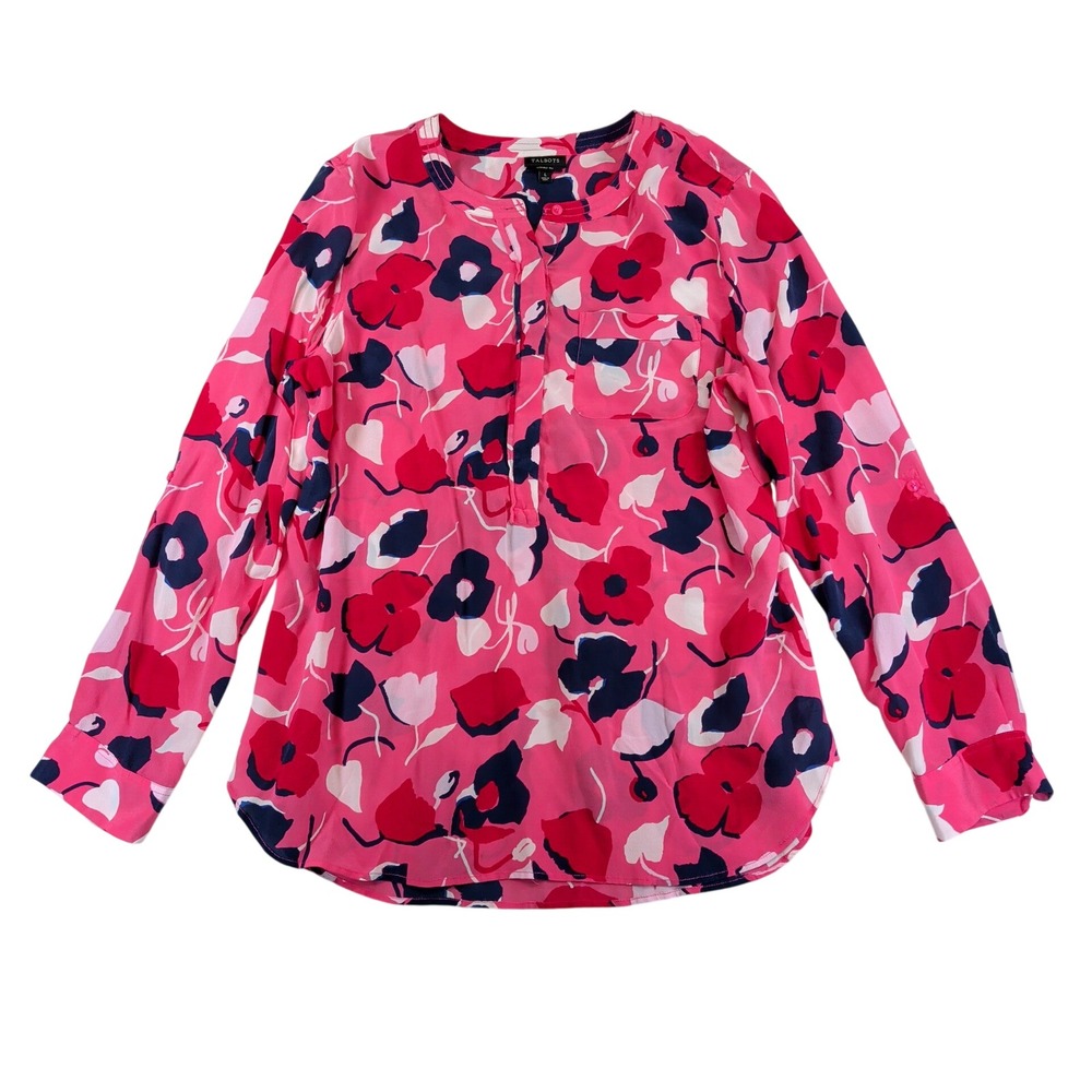Talbots Womens Pink Floral Poppy Washable Silk Henley Blouse Long Sleeve  Large